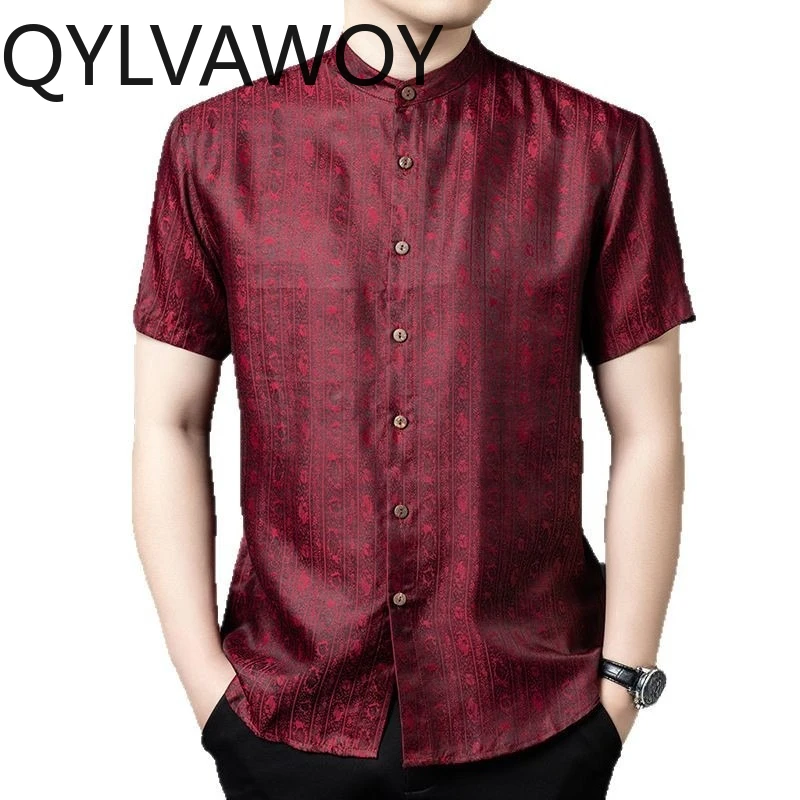 QYLVAWOY Men's Shirts Thin Mulberry Silk Summer Shirts Short Sleeve Xiangyunsha Tops Chinese Shirts for Men Ropa Hombre Retro