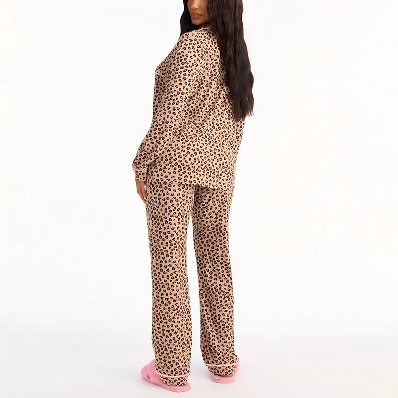 Women Leopard Print Pajama Set 2 Pcs Autumn New Homewear Long Sleeve Lapel Shirt&pants Loungewear Casual Loose Sleepwear 3
