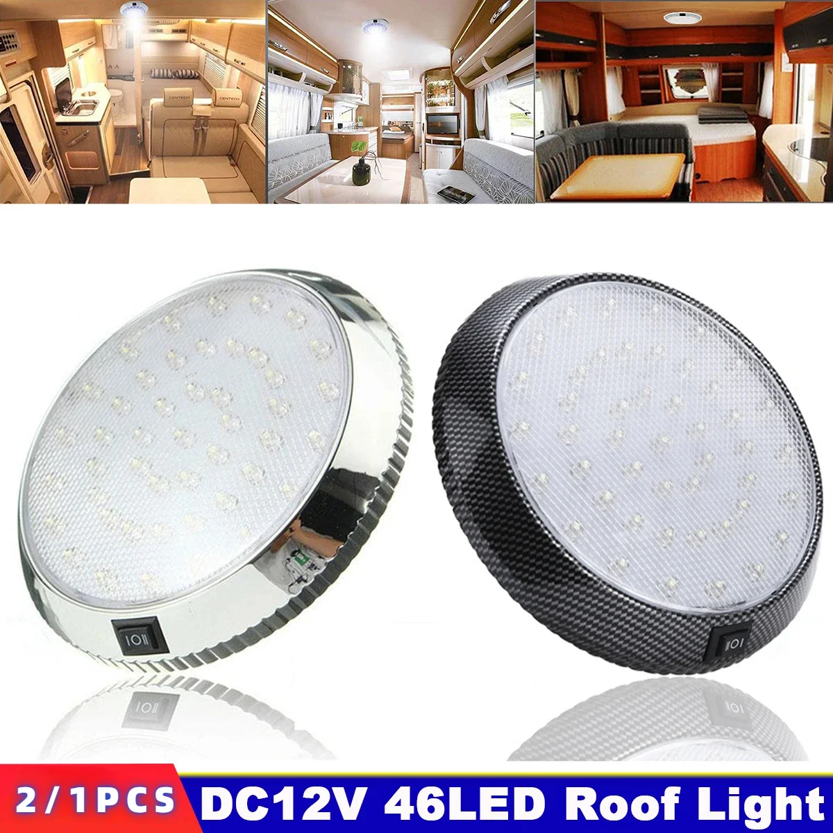 2/1 PCS 46LED DC12V 5W RV Dome Roof Ceiling Lamp Car Ceiling Light Plastic LED Spotlight with On/Off Switch