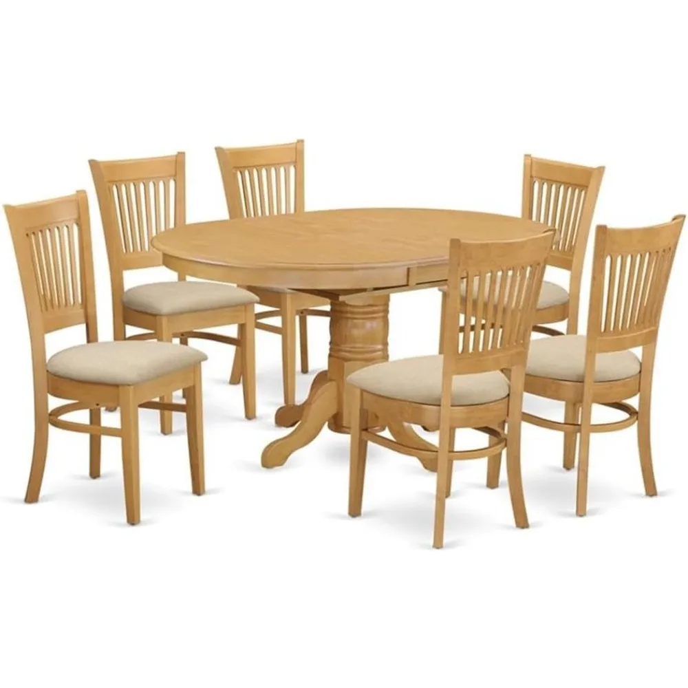 7 Piece Dining Table Set Consist of an Oval Dining Room Table with Butterfly Leaf and 6 Linen Fabric Upholstered Chairs