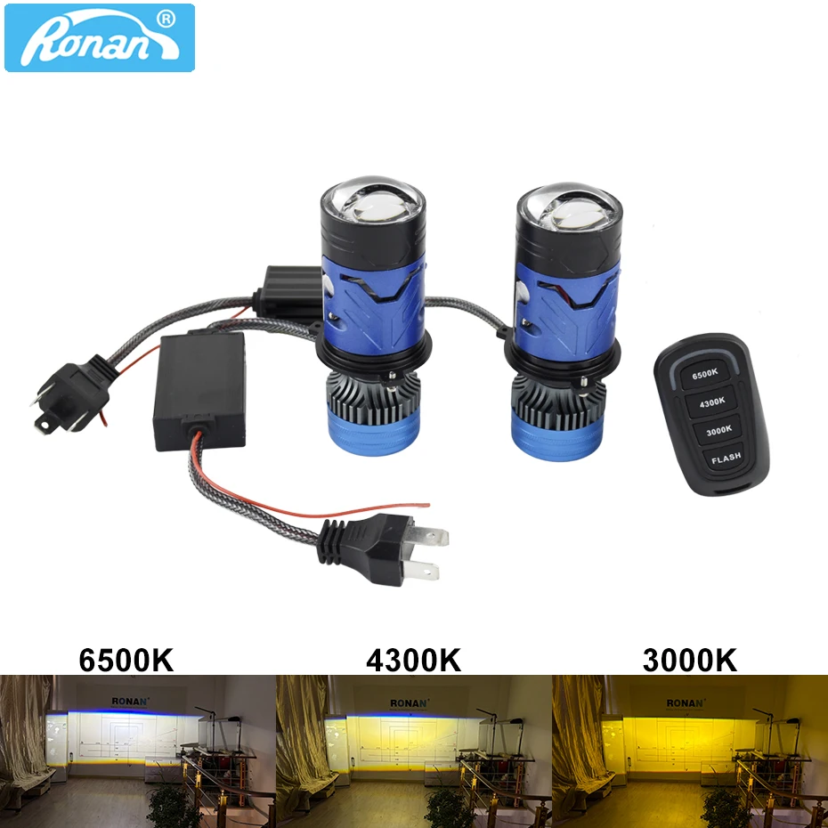 Ronan Mini H4Hi/Lo LED Projector Lens Switchable 3 Color Temp 6500K/4300K/3000K Plug and Play Car Motorcycle Headlight Upgrade