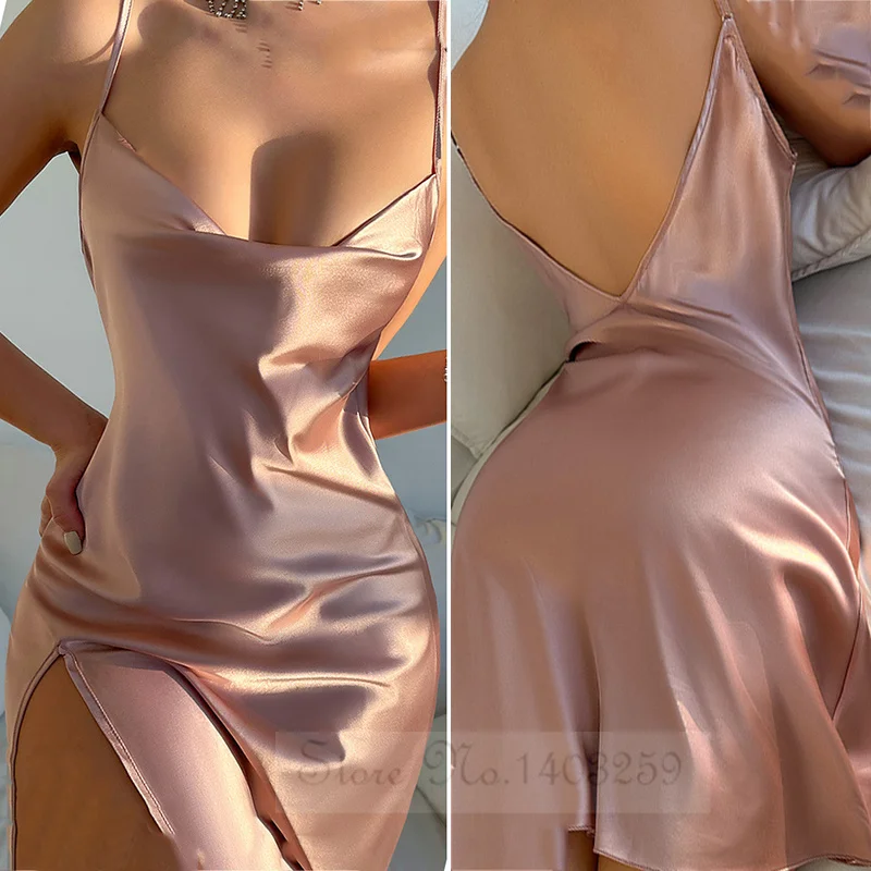 Sexy Mini Female Nightgown Sleepwear Spring Summer Silk Satin Spaghetti Strap Nightdress Chemise Sleepwear Backless Home Dress