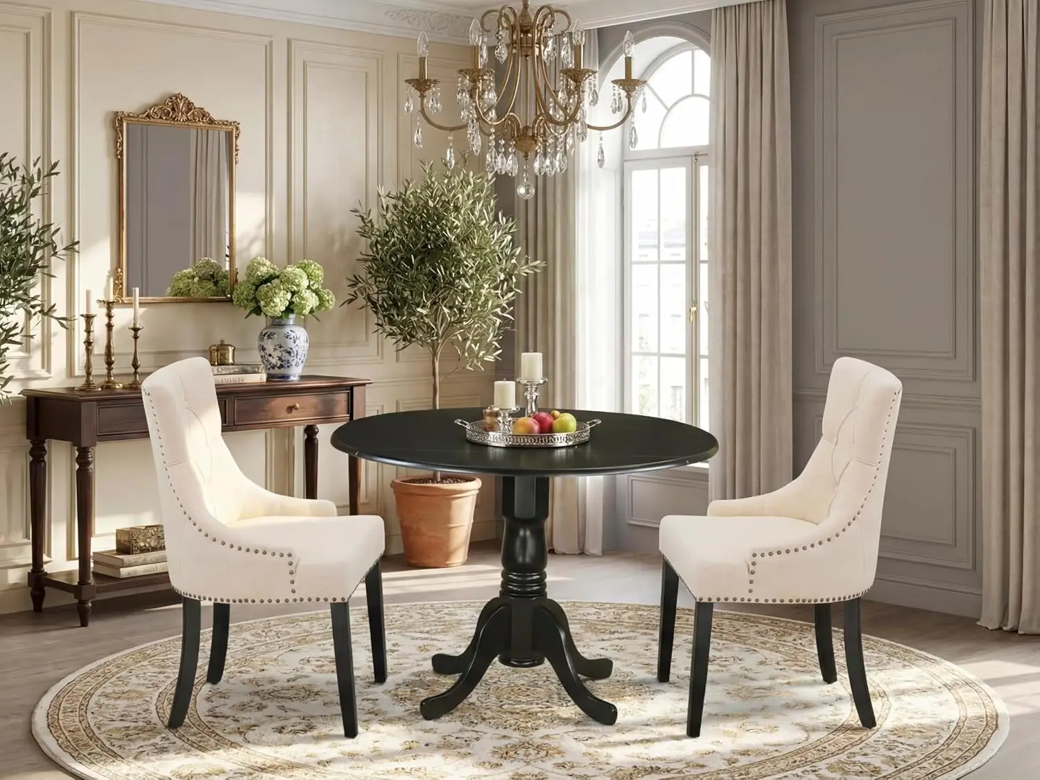 Round Dropleaf Dining Table & 2 Parson Chairs Set, Light Beige Linen Fabric Seat, 42x42 Inch, Black, Customized