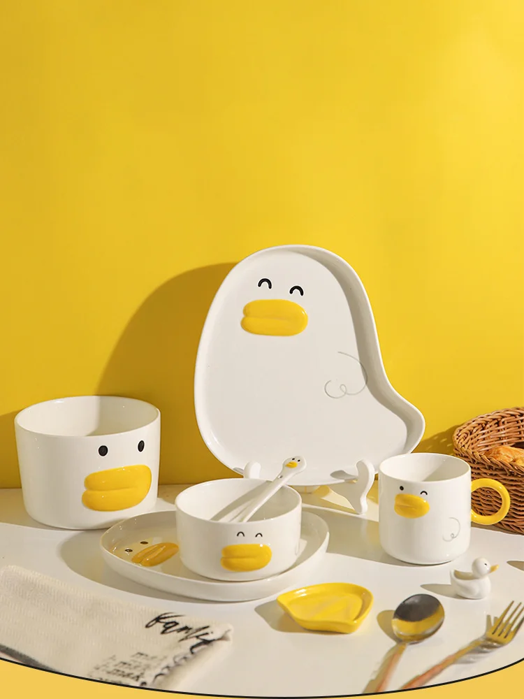 Japan Cartoon Style Ceramic Dinnerware Cute Big Mouth Duck Plate Under Glazed Kids Mug 300ml 4.5 Inch Bowl 5.8inch Spoons Dishes