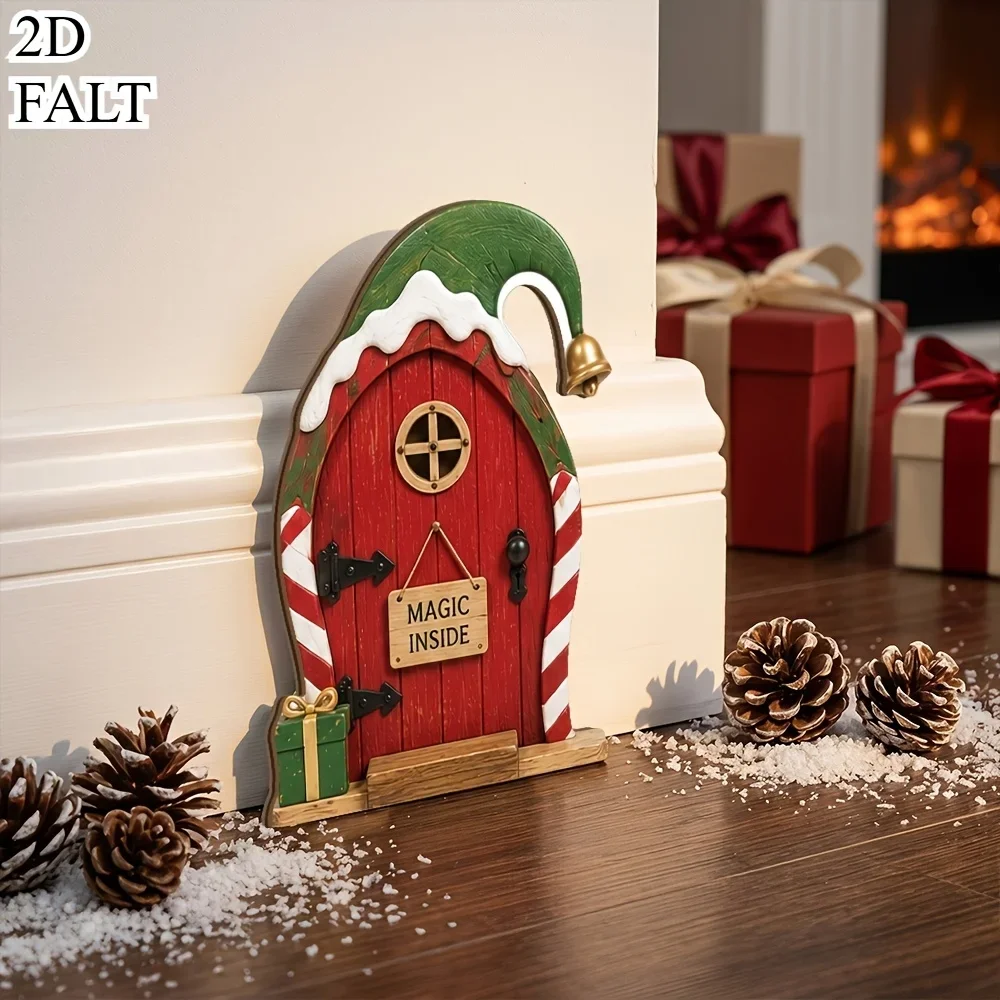1pc Christmas Elf Door Plaque, Wooden Self-Adhesive Baseboard Sign for Wall, Pointed Arch & Round Low Door Design
