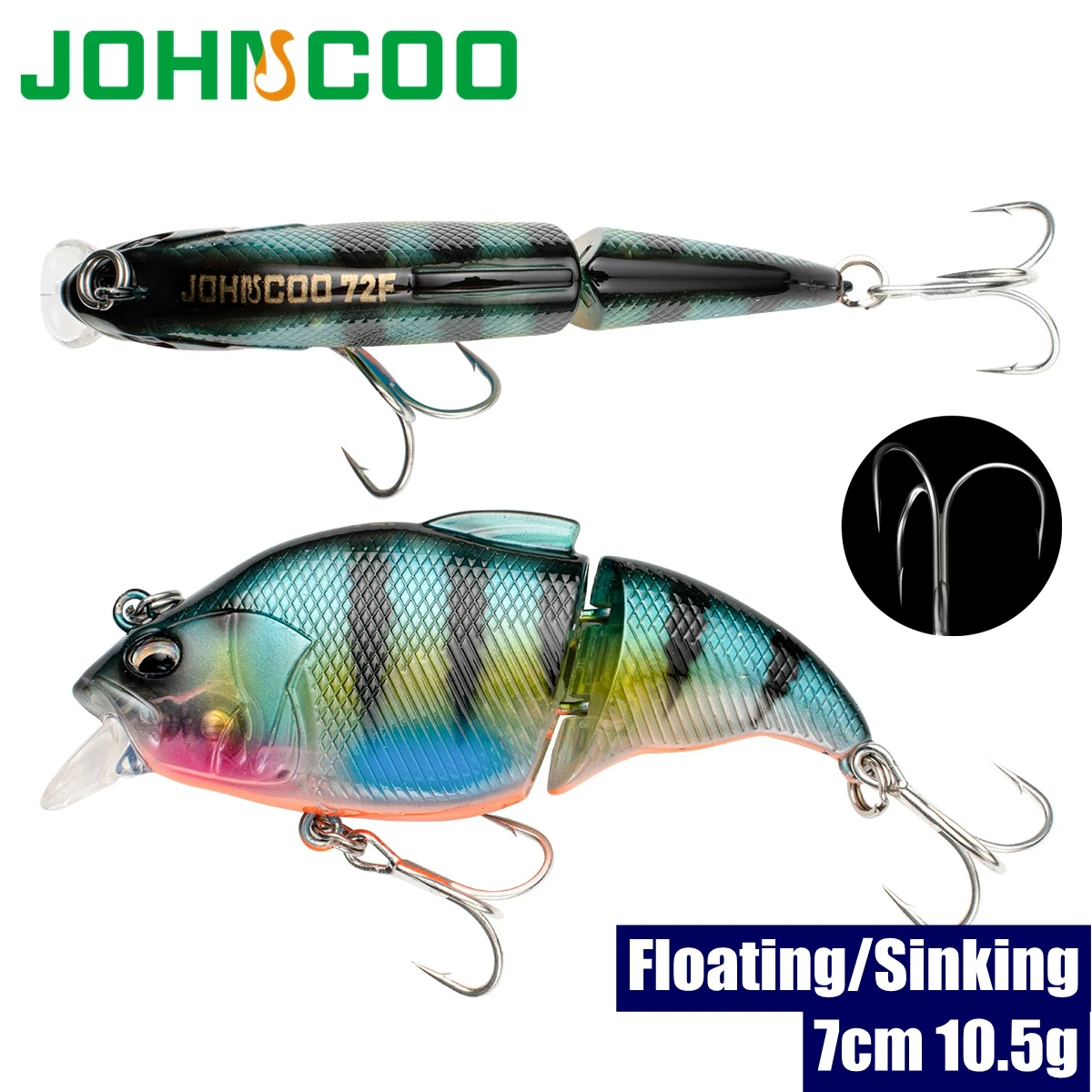 Johncoo Fishing Lure Jointed Swimbait 7cm 10.5g 2 sections Hard Bait Artificial Realistic Fishing Baits Plastic with Sharp Hooks