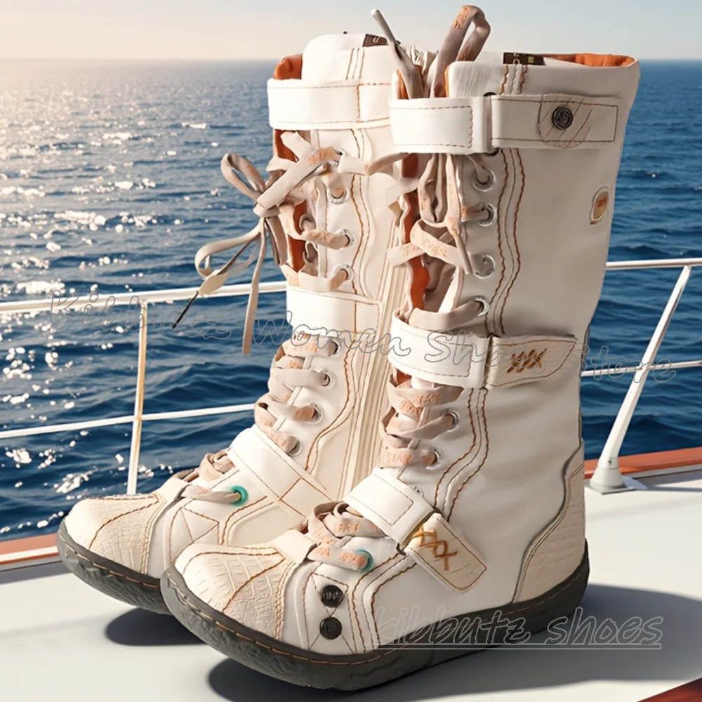 

Sneaker Knee High Boots Belt Buckle Lace-Up Solid Color Side Zipper Fashion Elegant Novelty Sexy Concise Sports Women Shoes New