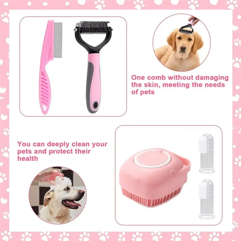 AEE8-8Pcs Dog Brush Grooming Set, Pet Self-Cleaning Set, With Pet Nail Clippers And Files, Comb, Pet Shampoo Bath Brush
