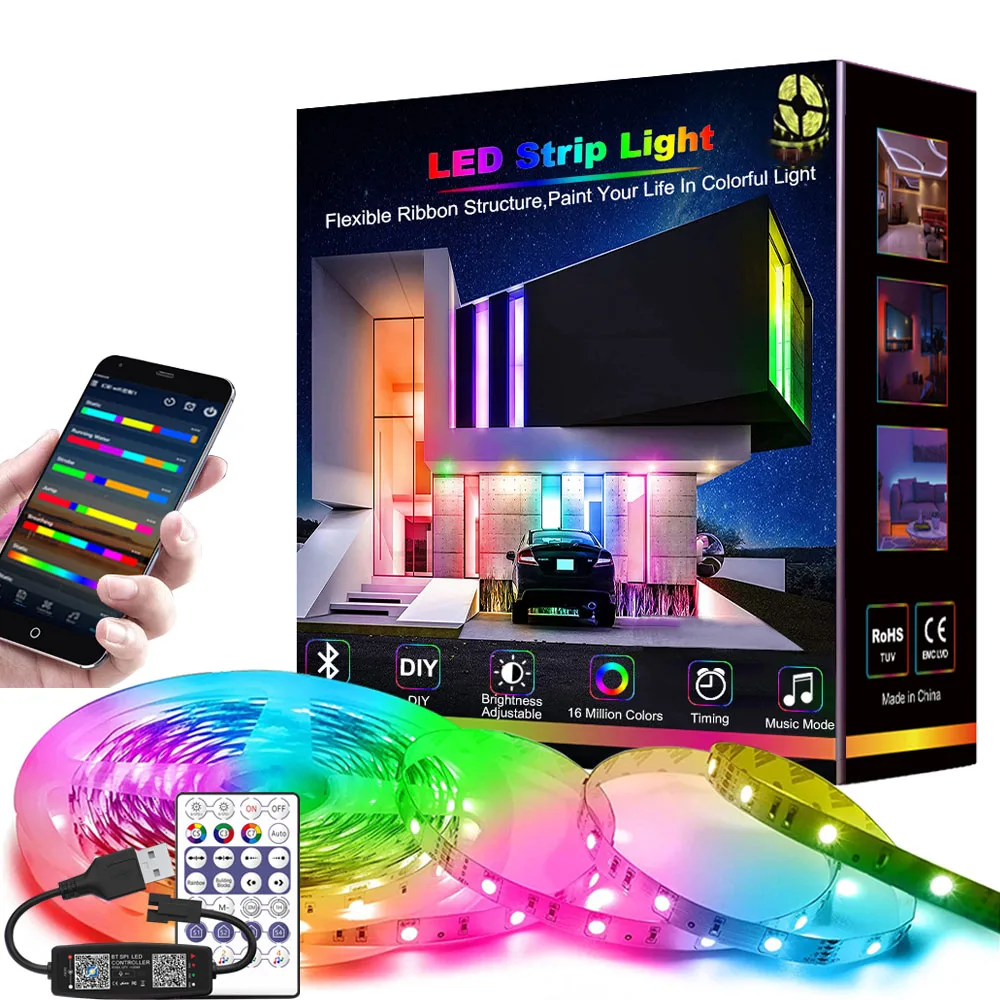 WS2812 USB LED Strip RGBIC 1m-30m Bluetooth App Control Chasing Effect Lights Flexible Tape Diode Ribbon TV Desktop Backlight