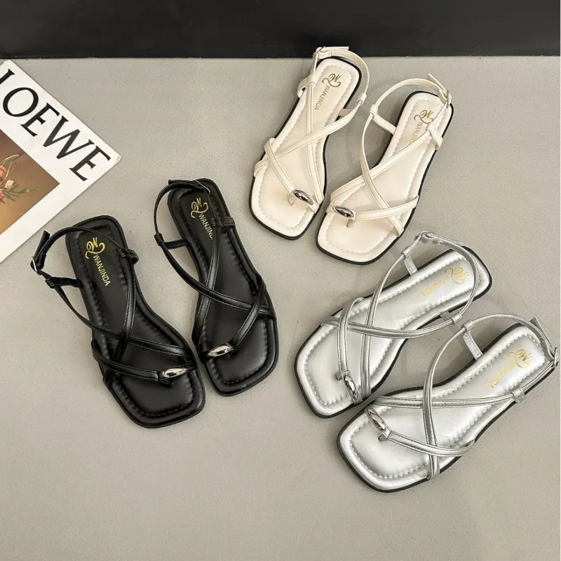 Summer Women Cross Strap Sandals Metal Clip Toe Adjustable Ankle Buckle Shoes Ladies Comfort Low Heel Beach Vacation Sandalias