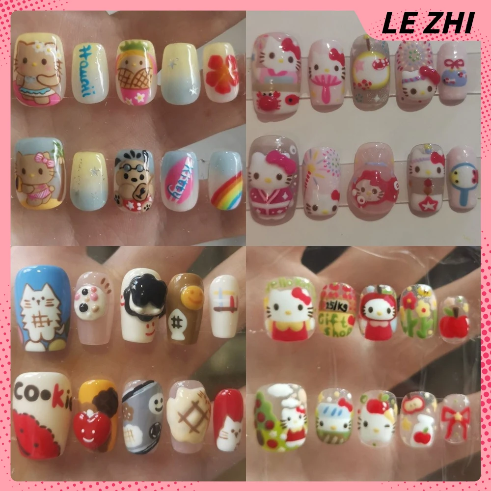 Cute Sanrio My Melody Pochacco Pom Pom Purin Short Round Square Press On Nails Cartoon Anime Bunny Frog Artifical False Nail