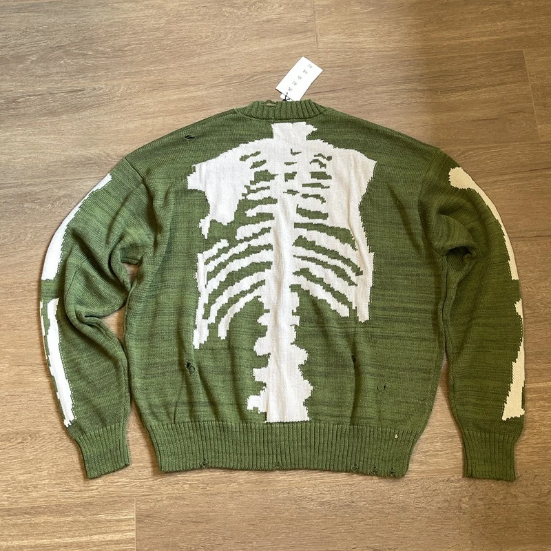 Japan KAPITAL behind the bones skeleton hole green retro knit sweater loose pullover long-sleeved sweater men and women