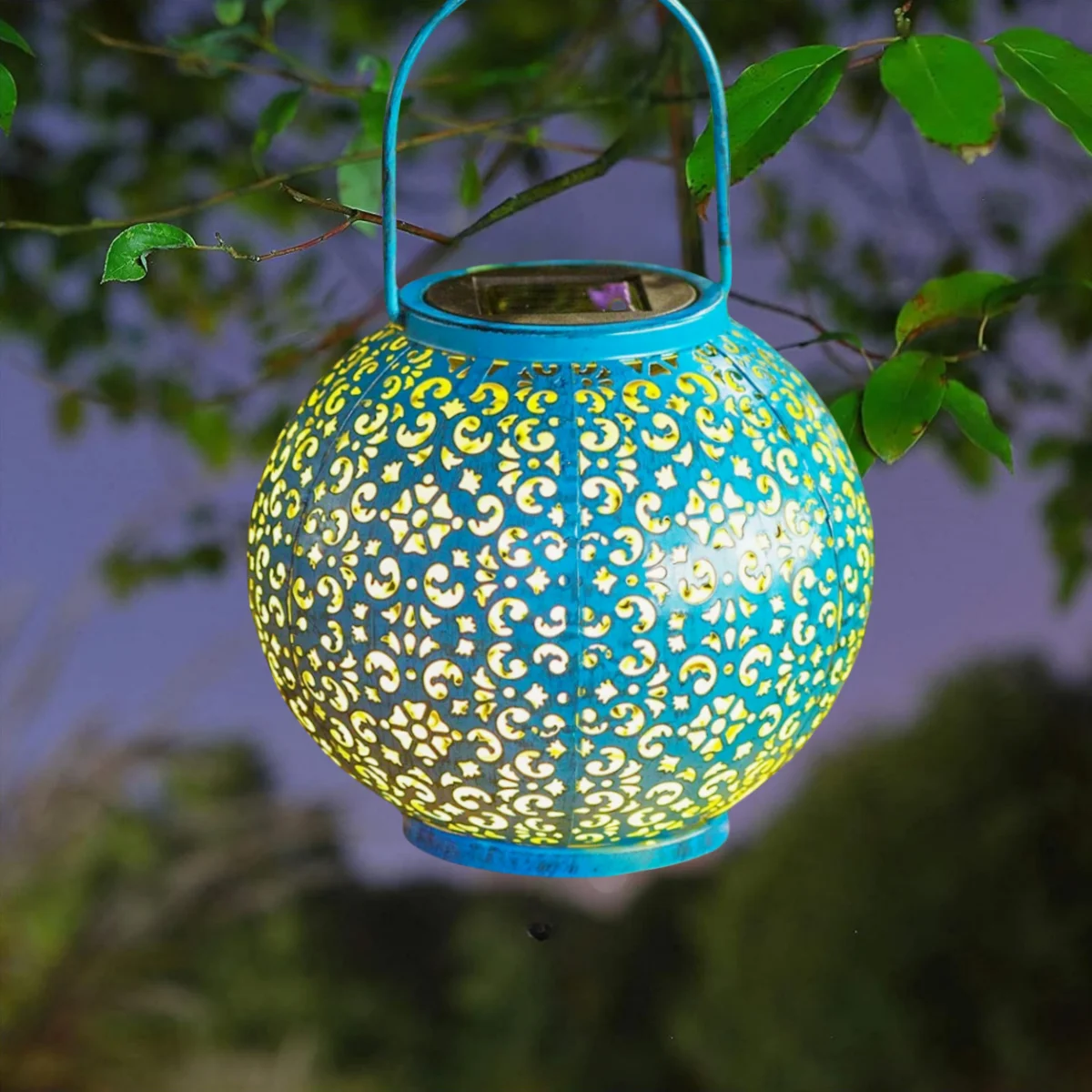 Solar Hanging Lantern Outdoor Lights, Solar Garden Lights Decorative Hanging Light, Outdoor Garden Solar Hanging Hollow Blue Lantern, for Patio Porch Garden Pathway Table Home Decor view 7