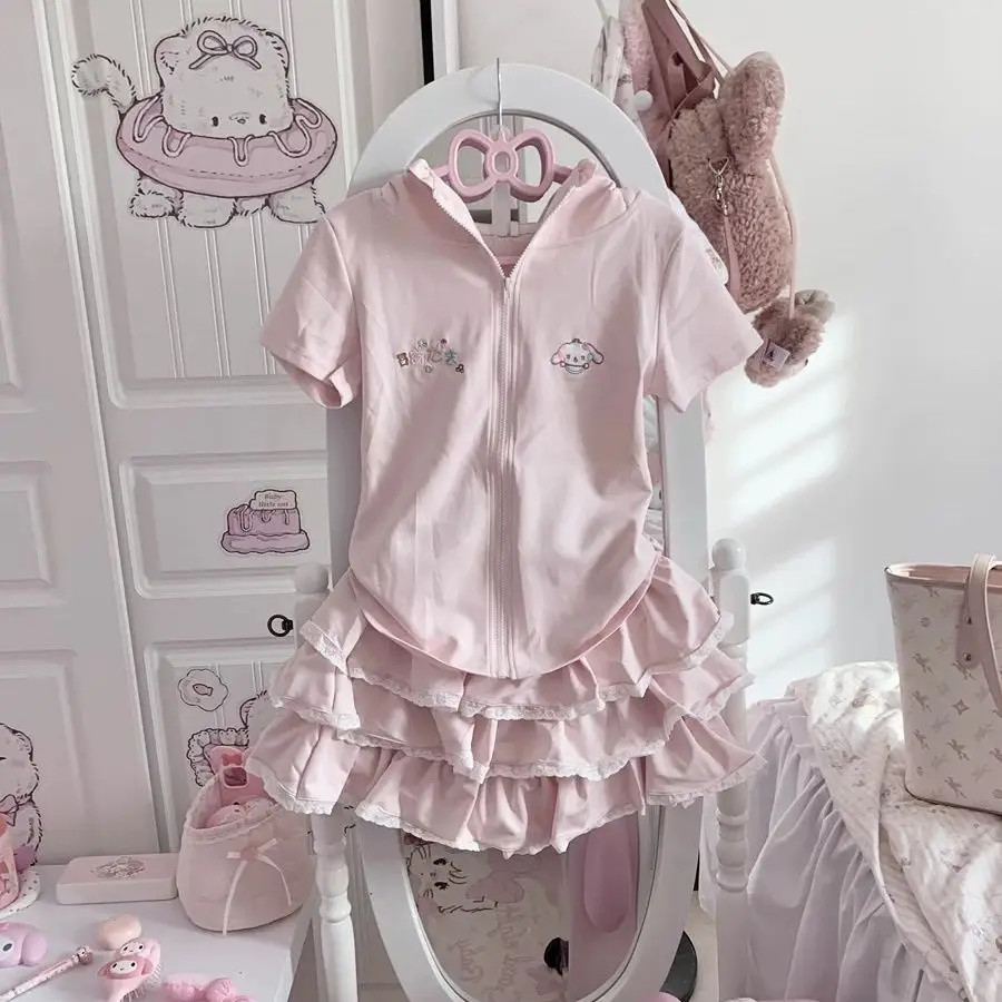 

Onalippa 2025 Sweet Student Cute Girl Age Reducing Hooded Bunny Ear Jacket Short Sleeved Top Lace Patchwork Fluffy Skirt Set