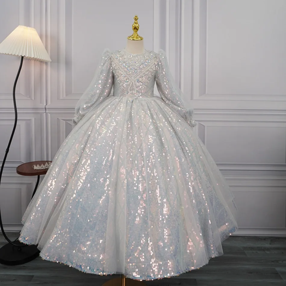 

Shining Pink Flower Girl Dresses for Wedding Sequins Beaded Tea Length Girl Kids Birthday Party First Holy Communion Gowns