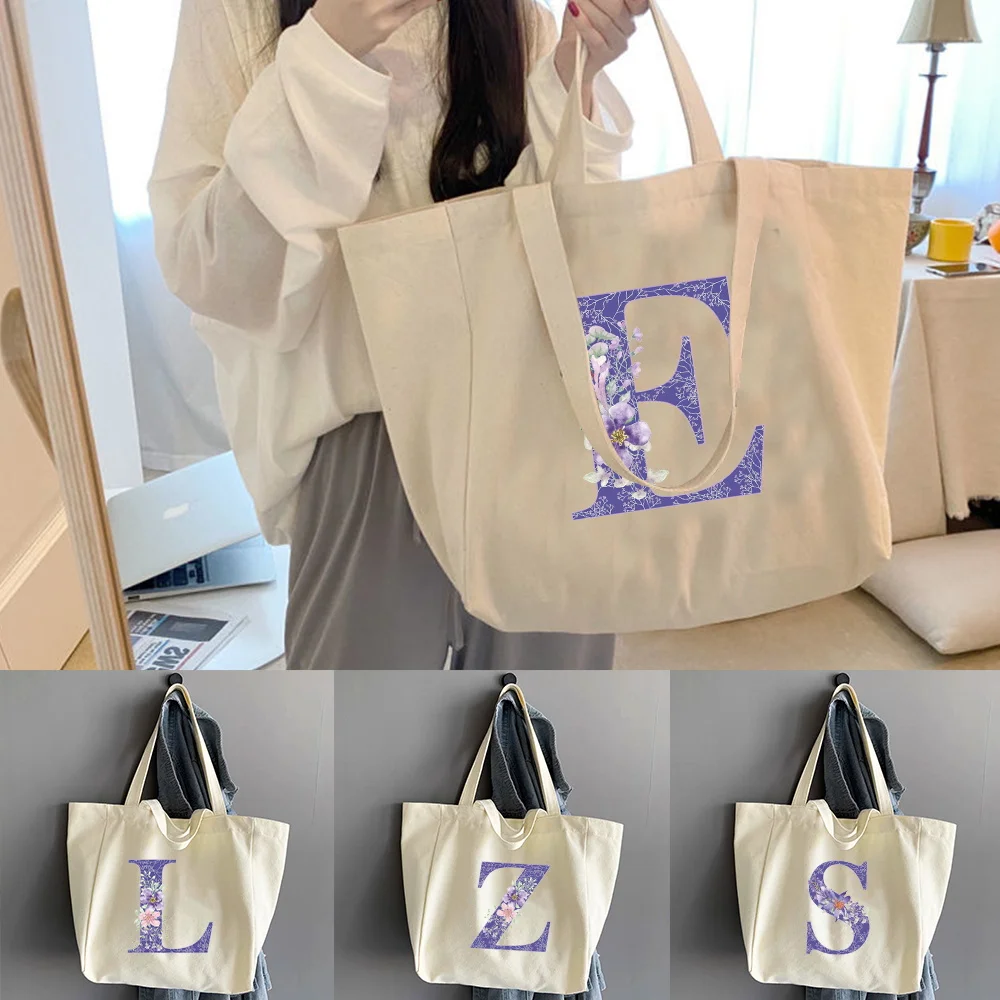 Messenger Bag Shoulder Travel Canvas Shopping Bags Student Style  Casual  Handbag Women Purple Flower Print Portable Organizer