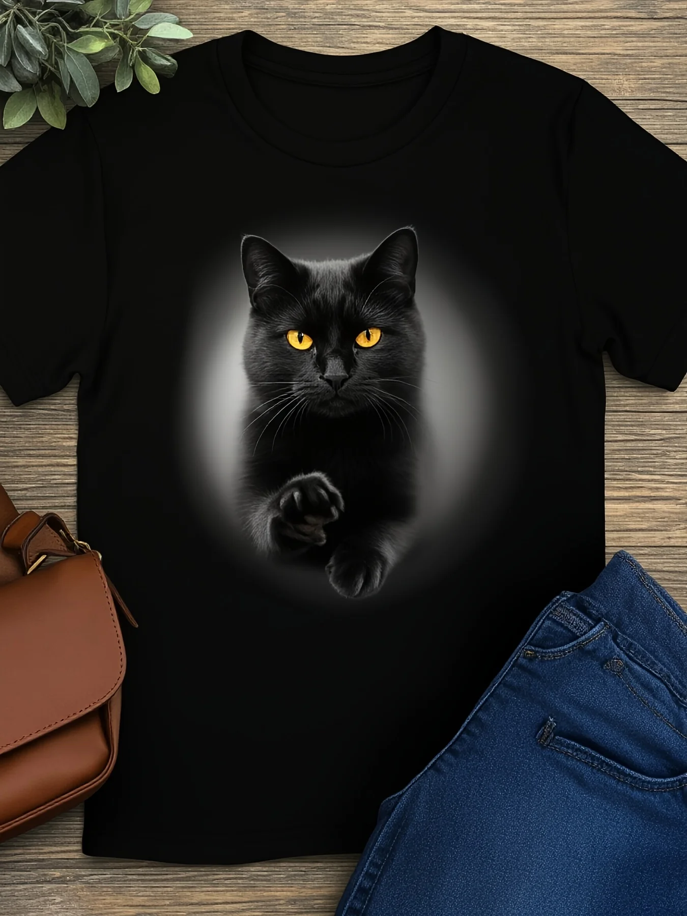 Black Cat Yellow Eyes Tshirt for Realistic Tabby Cat Face Design with Paw Printlike Paws Casual Round Neck Tee Allseason Fit Perfect Gift for Cat Lovers
