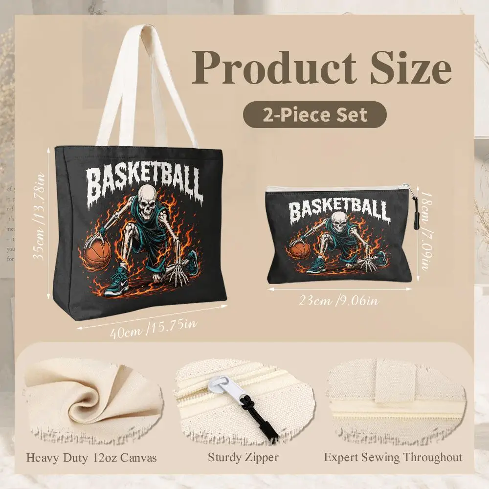 Skeleton Basketball Player Storage Bags 2-Piece Zipper Canvas Set Large Capacity Reusable For Work School Shopping & Travel&Gift