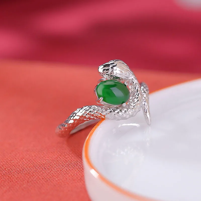 Real S925 Pure Silver Inlaid With Green Jade Retro Light Luxury Zodiac Year Little Spirit Snake Egg Face Ring