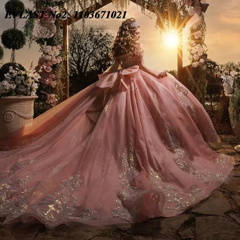 

EVLAST Customized 2026 Rose Pink Quinceanera Dress Ball Gown Gold Lace Applique Beading Bow Sweet 16 Vestidos 15 Anos E2QA193