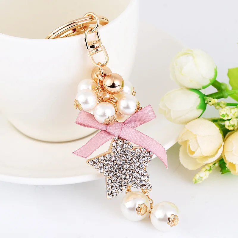 

Luxury Rhinestone Star Keychain Bling Rhinestone Alloy Key Chain Ring Bag Backpack Charm with Faux Pearl Car Hanging Small Gifts