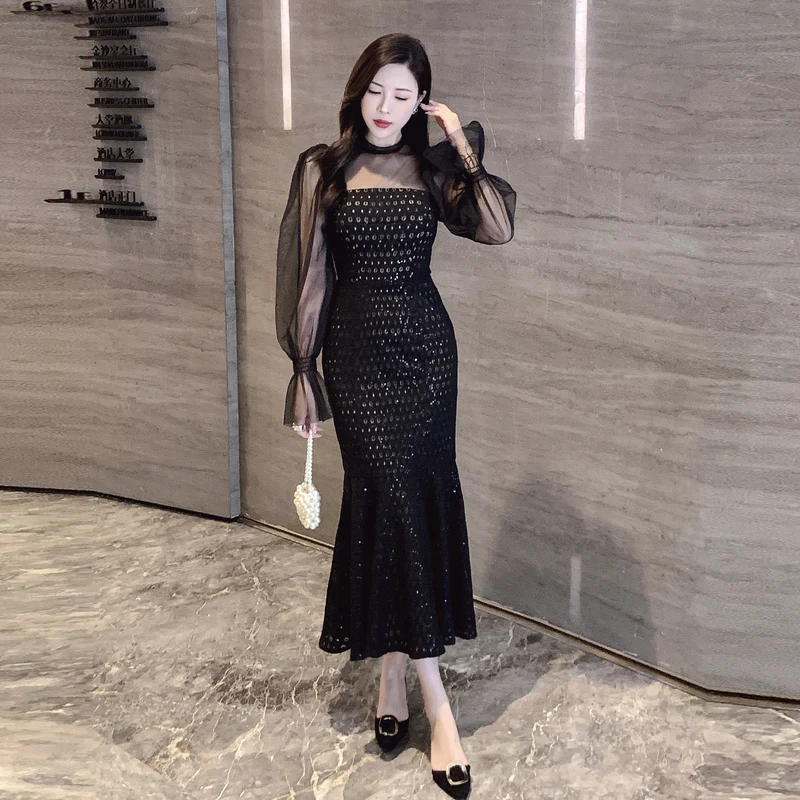 Women Black Dress 2024 Sexy Vintage Flounced Patchwork Long Sleeve Flare Sleeve Gauze Zipper Mesh Sequins Dresses