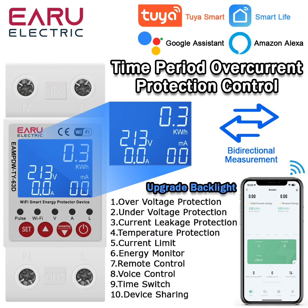 

Tuya Wi-Fi умный двунаправленный счетчик энергии счетчик мощности кВтч утечка на землю защита от пониженного напряжения таймер реле выключатель