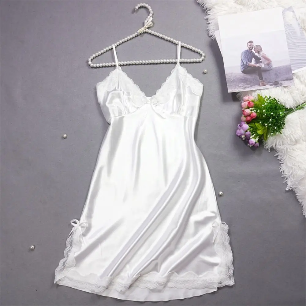 Elegant Lace Bow Women's Pajama Dress Split Thin Ice Silk Suspender Nightdress Sleeveless Sleepwear Slim Sling Nightgown Club