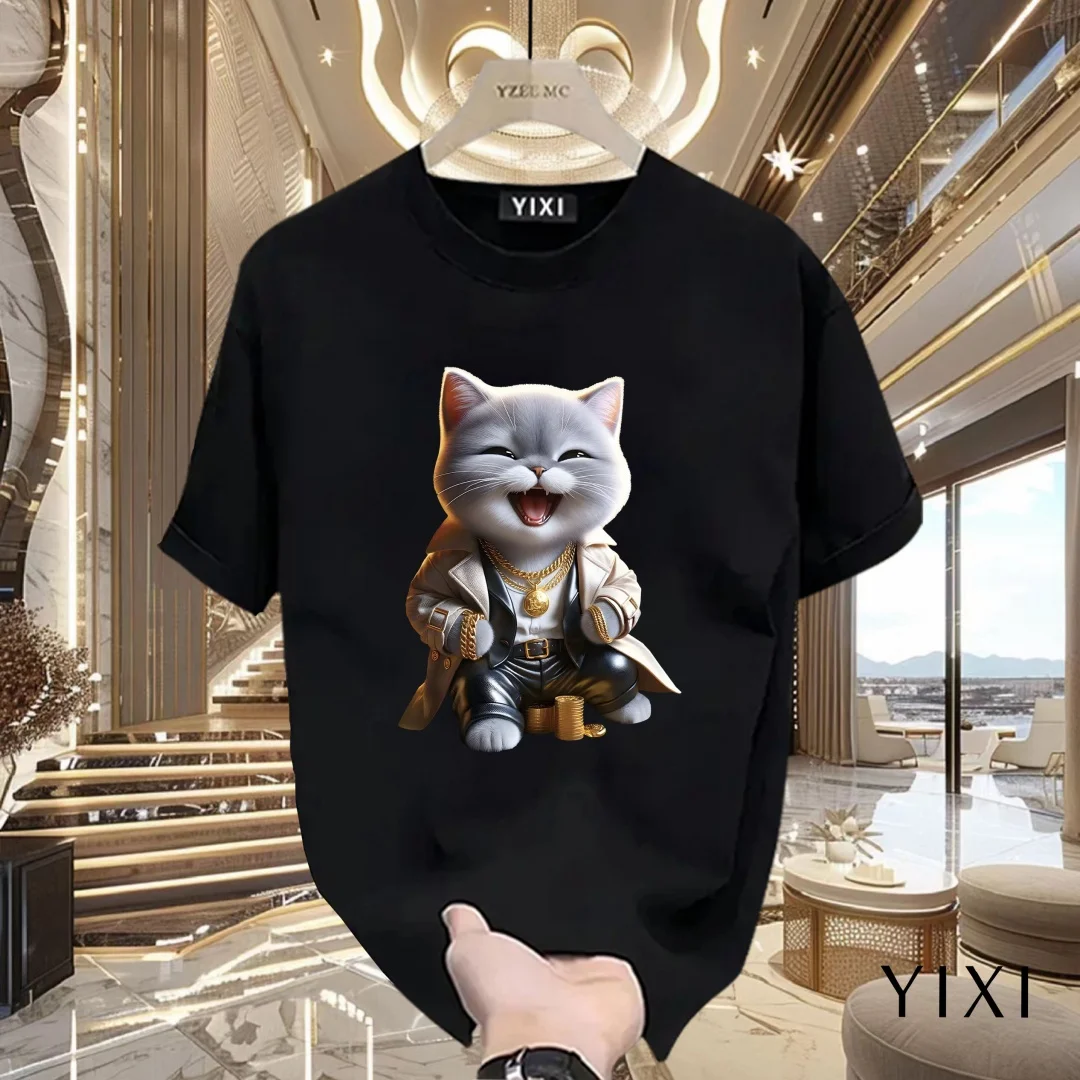 Футболка с рисунком кота в стиле аниме, летняя модная футболка для отдыха, высококачественная универсальная дышащая мужская и женская футболка из чистого хлопка Y2K