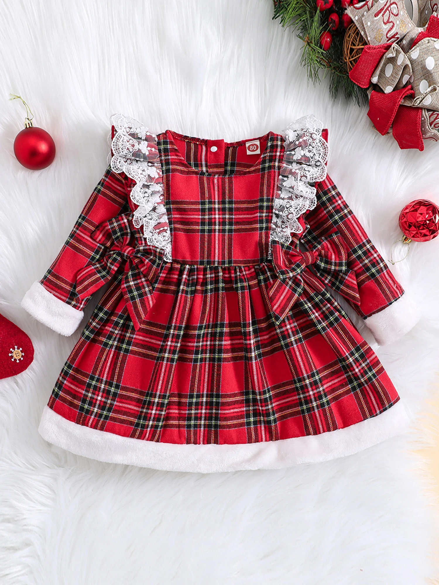 

Women s Fall Fashion Long Sleeve Crew Neck Ruffle Plaid Dress with Bow Detail - Casual A-line Dress