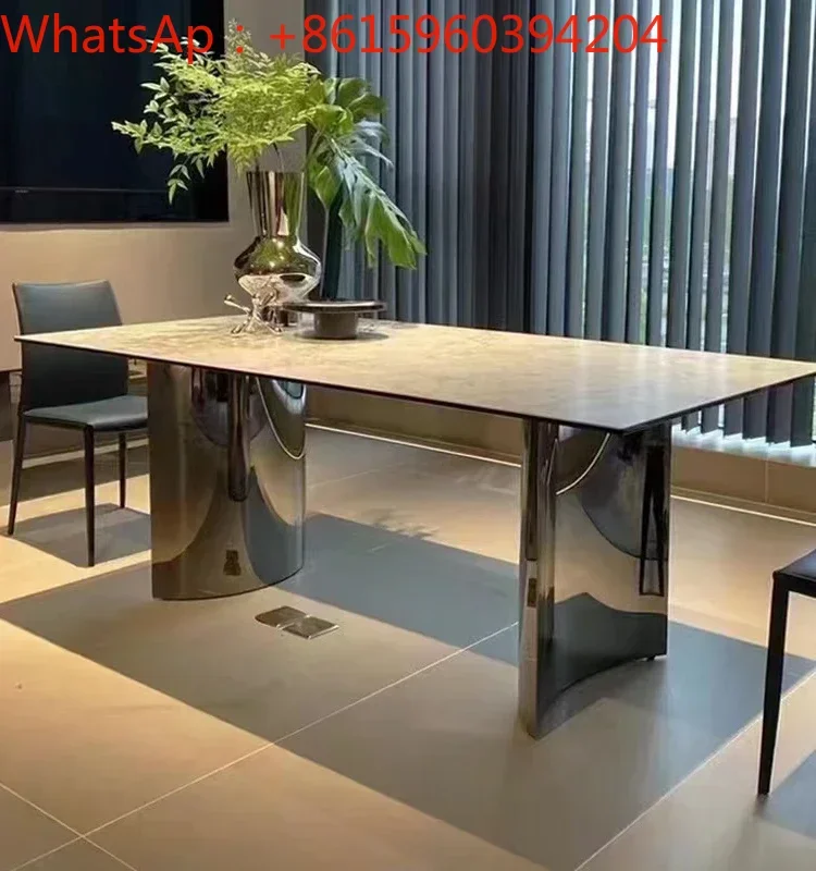 Rock plate table stainless steel underframe high-end rectangular table light luxury household modern minimalist dining table