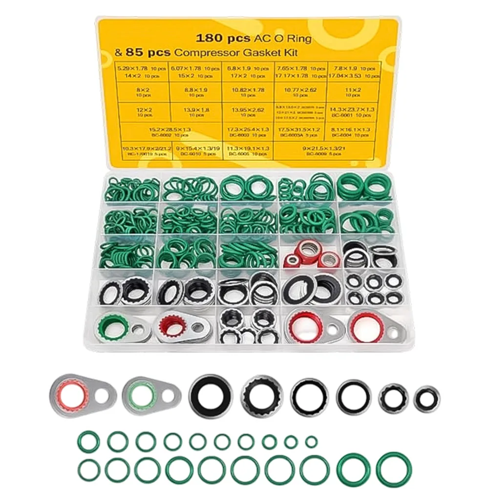 Automotive AC Seal Kit 265Pc Featuring O Rings and Gaskets for R134a Compressor Port Use in Climate Control Repairs