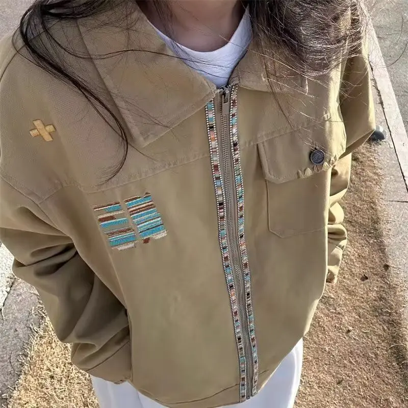 

Retro American Embroidered Lapel Jaet Women's Loose Design Spring New Sle Couple Match Workwear Jaet Youth Trend