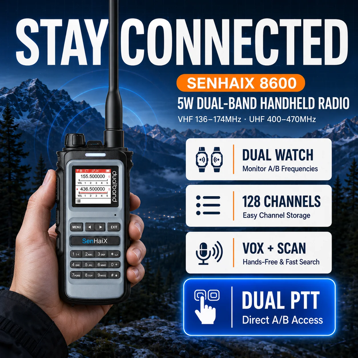 senhaix-8600-talkie-walkie-5w-vhf-uhf-double-bande-radio-bidirectionnelle-128-canaux-avec-double-ptt-vox-scan-et-charge-usb