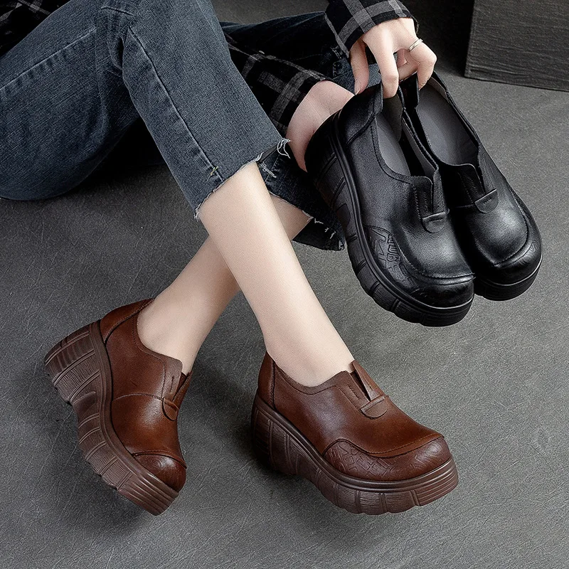 Handmade Women\'s Platform Shoes For Women Genuine Leather Footwear Woman Vintage Soft Comfort Wedges Breathable Pumps