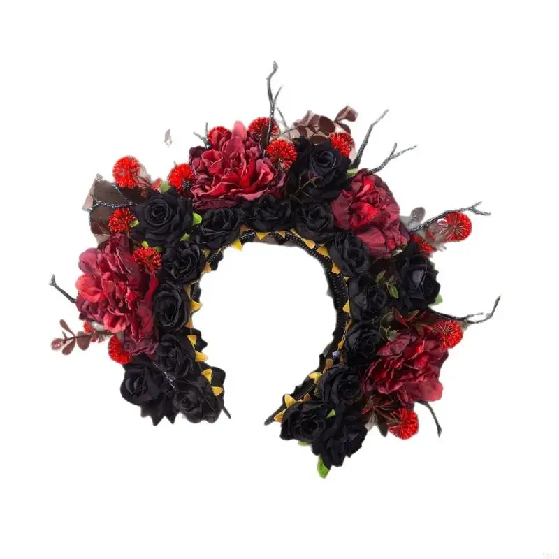 Barock Stil Blumen Stirnband mit Stoff Stoff Rosen für Frauen Gothic Hochzeit Haarschmuck Dunkelschwarz Rot Y08E – Detail 2