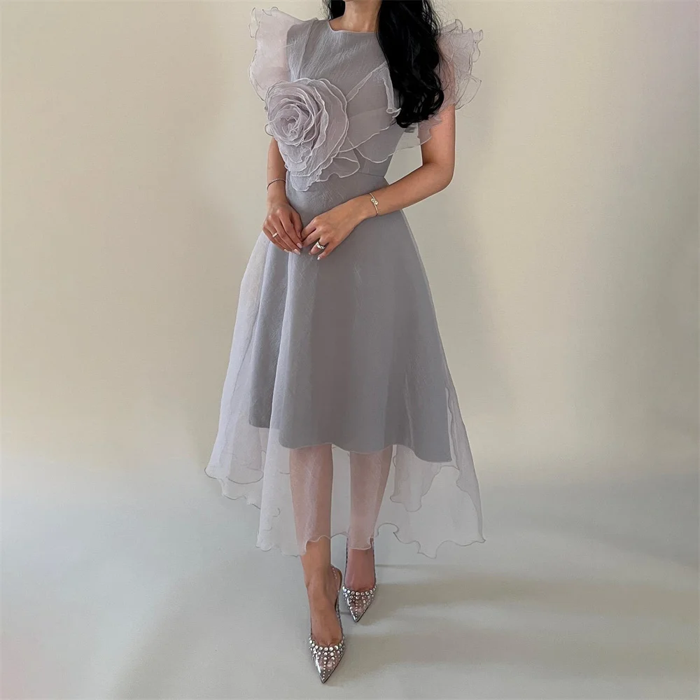 

Classic O Neck Short Sleeve Flower Evening Dress Pleat Tea Length Lace Vintage Simple Summer Gray Long Ball Woman Gown