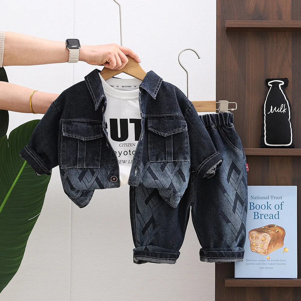 Kids Boys Spring 3 Piece Outfit 2026 Baby Boy Clothes Denim Jacket + Letter Print T-Shirt + Pants Toddler Casual Clothing Set