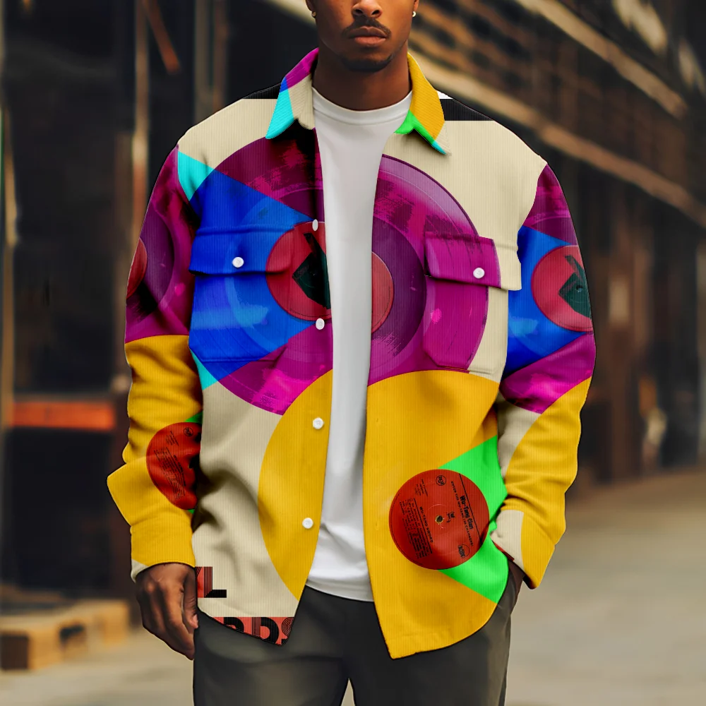 Casual Men's Jacket Colorful Print Long Sleeve Fashion Turn-down Collar Button Coat Casual Streetwear