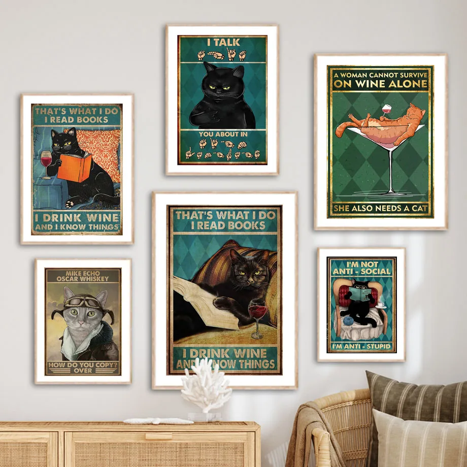 Funny Mystery Black Cat Reading Red Wine Wall Art Canvas Painting Retro Poster Prints Bar Hotel Pictures for Living Room Deco