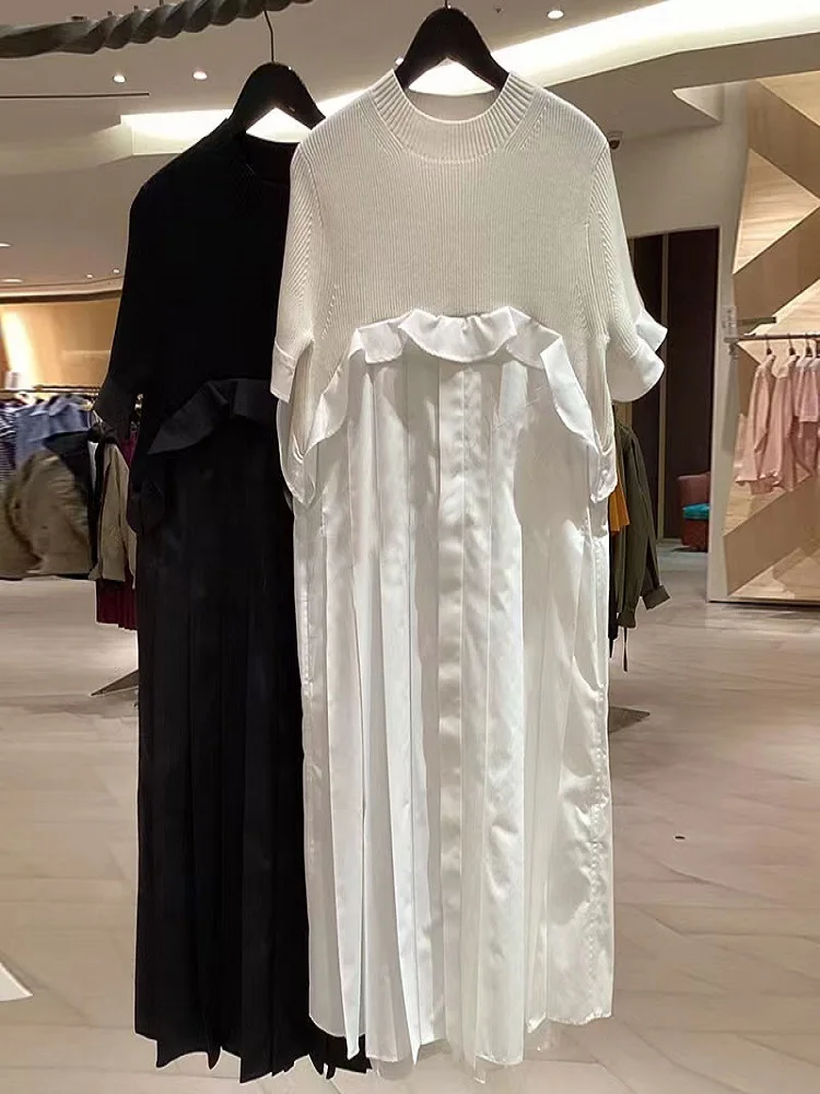 

FOG SACAI Spring Summer New Loose Knitted round Neck Dress Skirt Gored A-Line Casual Cotton Blend Commute Style Midi Dress