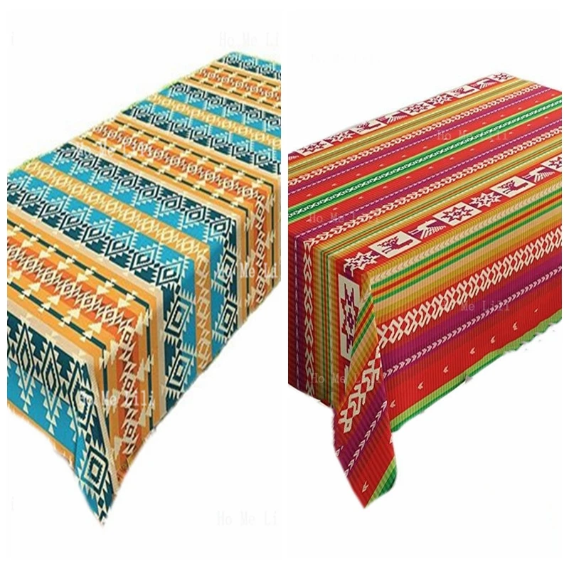 Southwestern American Animal Vertical Striped Backdrop With Geometric Tribal Motifs Native Mexican Cultural Heritage Tablecloth