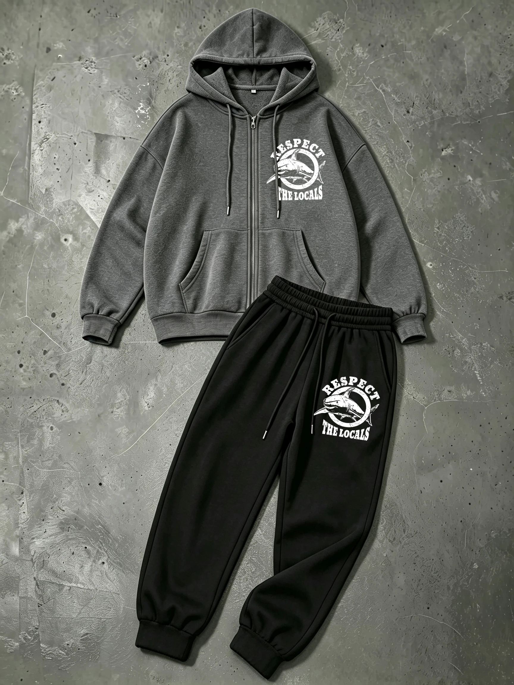 Respect The Locals Sharks Print Men Zipper Hoodie Suit Fleece Autumn Hoody Set Drawstring Pocket Sportswear Loose Gym Sweatpants view 2