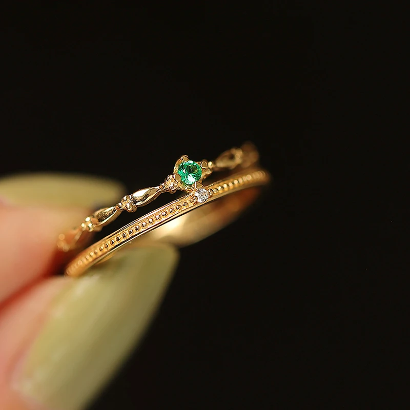

Original new silver inlaid green crystal double-layer rings for women opening adjustable retro fresh light luxury jewelry