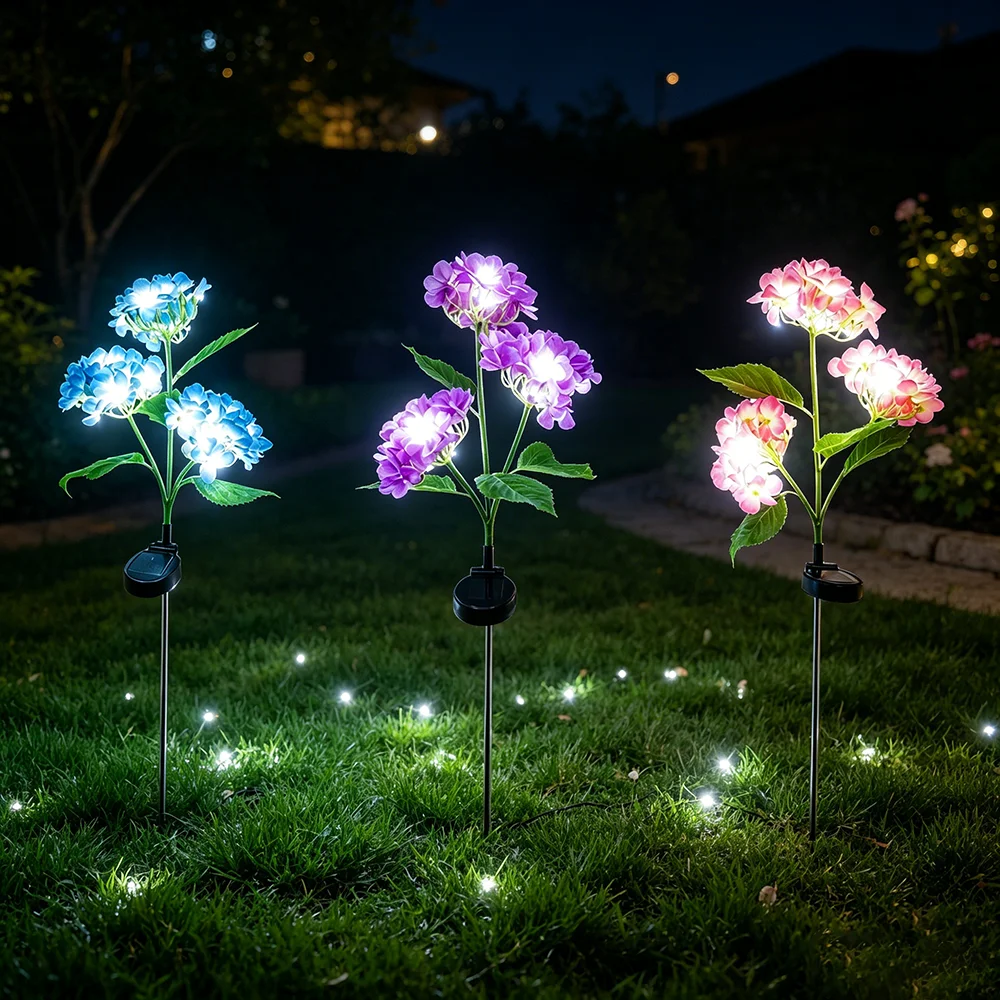 2PCS Simulated Hydrangea Solar Ground Mounted Lights Garden Paths Balconies Terraces Lawns Courtyards Outdoor Walkways Landscape