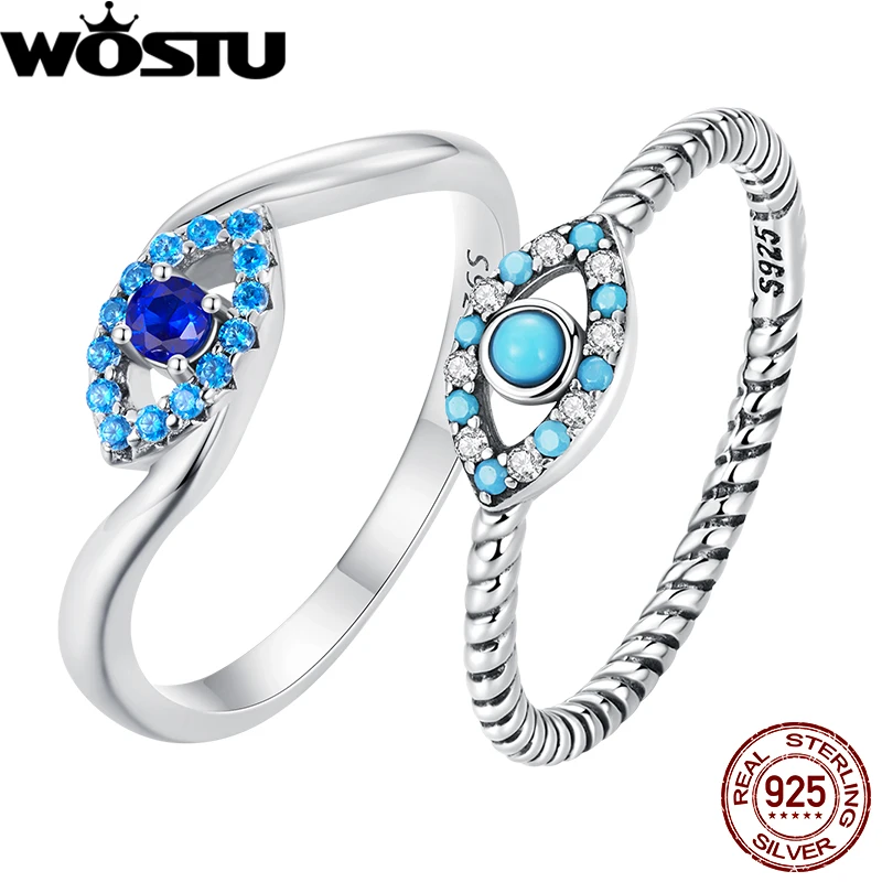 WOSTU Original 925 Sterling Silver Guardian Demon Eyes Ring with Blue Zircon Lucky Rings For Women Party Graduation Jewelry Gift