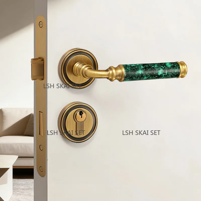 1 Set Antique Brass Security Door Lock European Interior Lock Set Door Handle with Marble Home Hardware Bedroom Door Lock