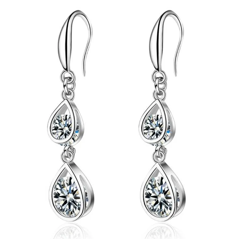 

New Creative Water Drop Shaped Long Section Ear Hook 925 Sterling Silver Jewelry Temperament Crystal Dangle Earrings XZE332
