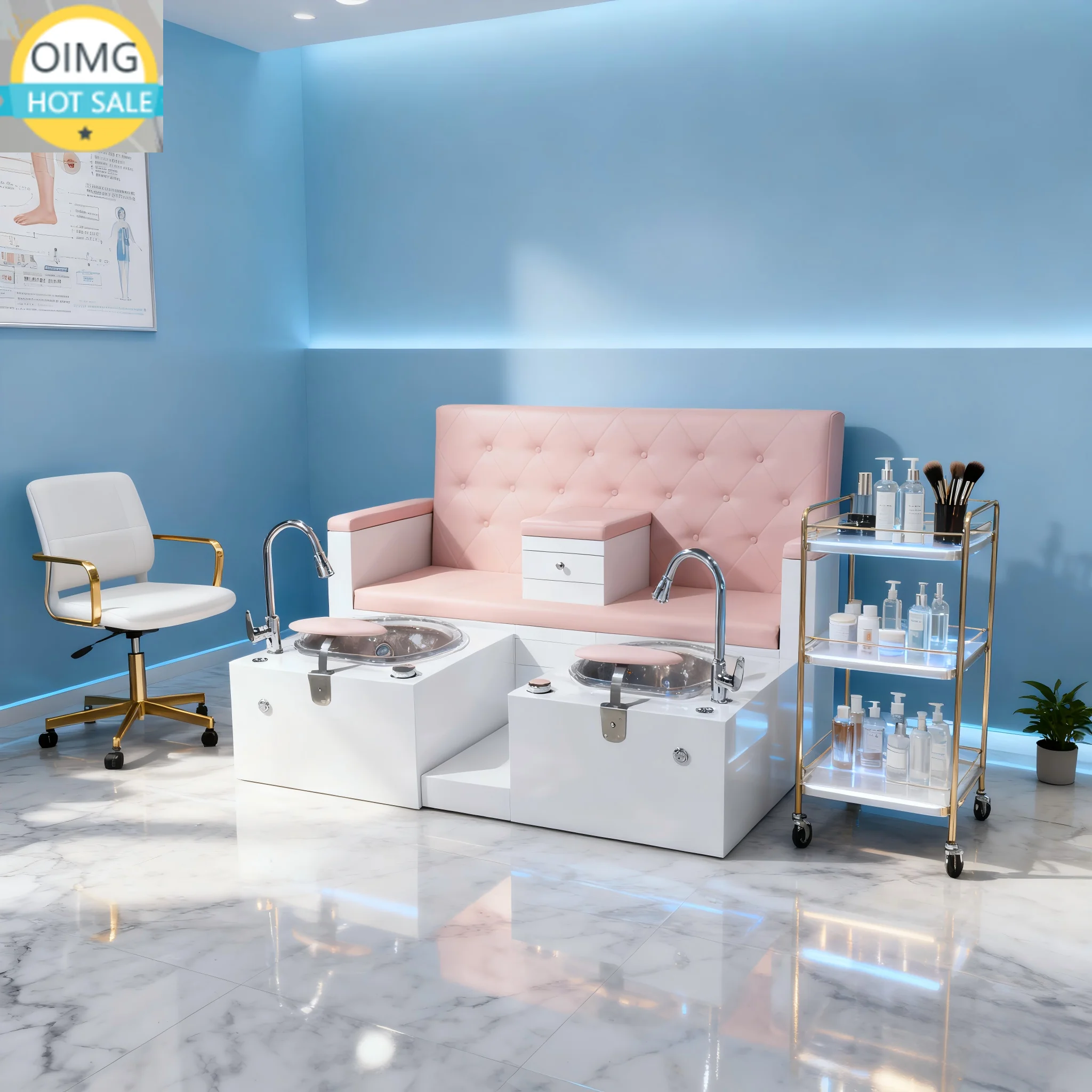 Customized Double Pink Pedicure Chair with Two Basins and Shower for Couples with Storage Compartment in The Middle