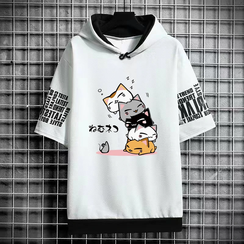 Japan Fashion Men's Hoodies Casual Harajuku Streetwear Cartoon Cat Print Hooded Top Short Sleeve Sweatshirts Summer Men Clothing